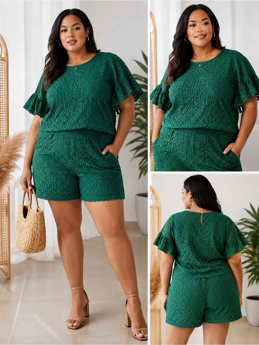 NWT Lane Bryant Emerald Green Eyelet Lace Matching Top & Shorts Set 20